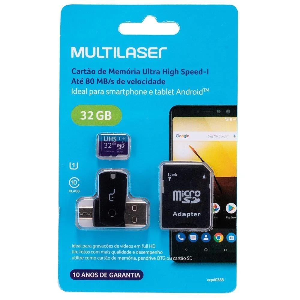 Cartão 32GB Micro SD Classe 10 Uhs Kit 4x1 - Multilaser