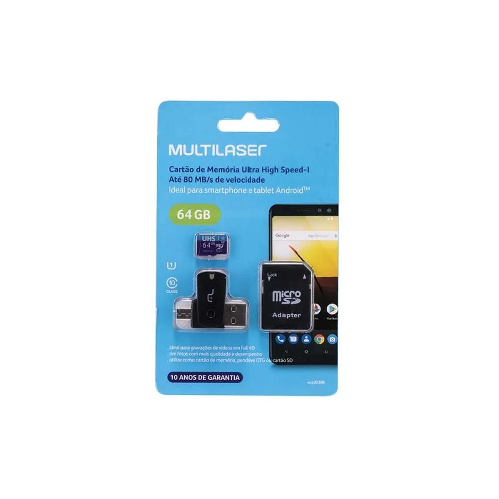 Cartão 64GB Micro SD Classe 10 Uhs Kit 4x1 - Multilaser