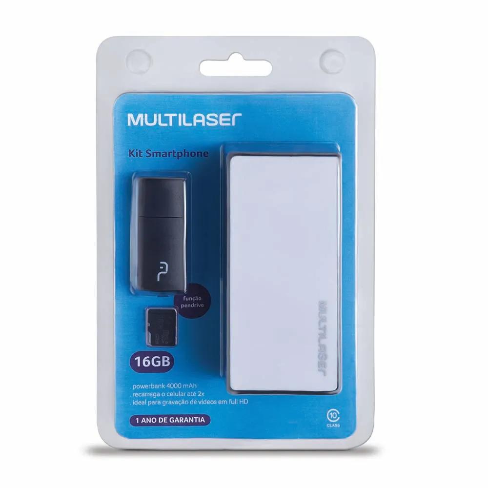 Carregador Portátil 4000 mAh + Leitor de Cartão + Cartão de Memória Micro SD Classe 10 16GB Preto Mu