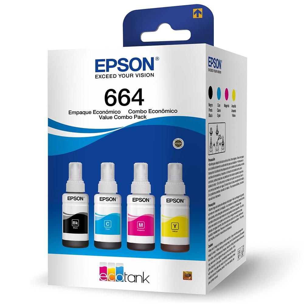 Refil de Tinta Epson Kit T664 para Ecotank Preto, Ciano, Magenta, Amarelo