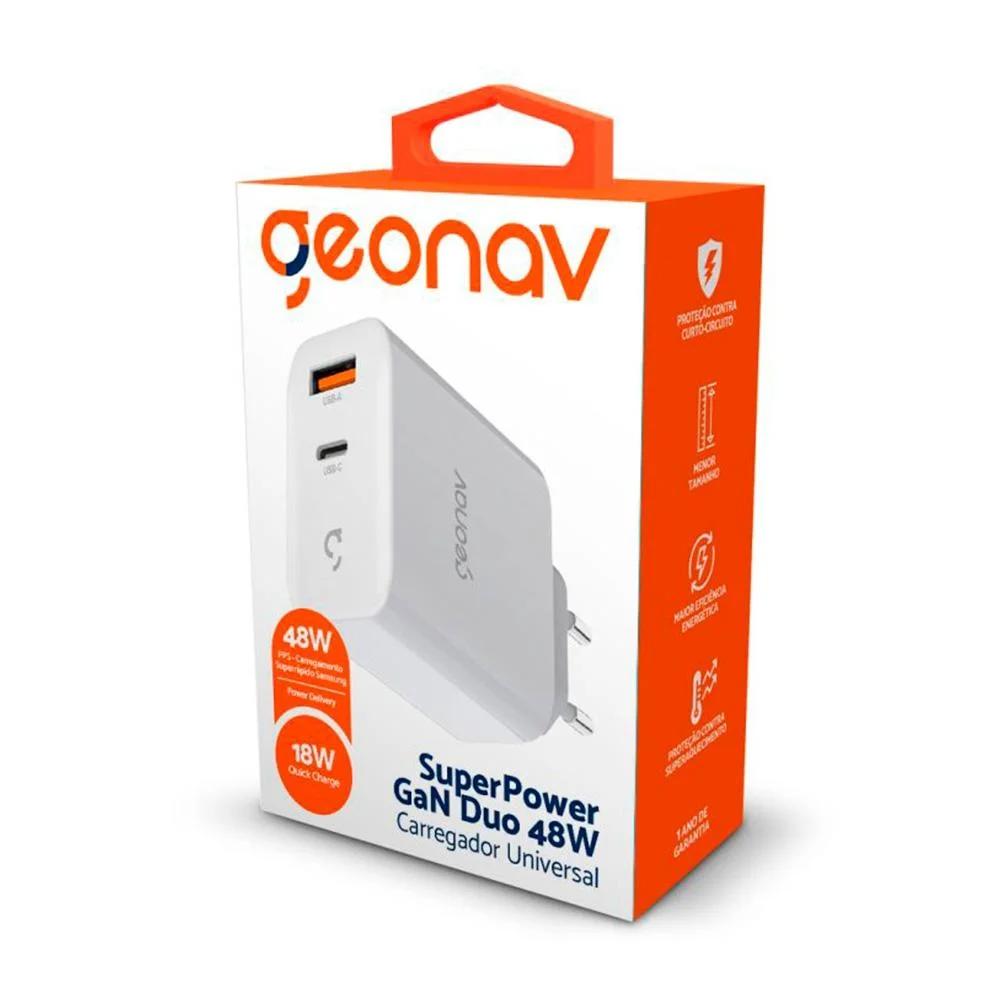 Carregador de Parede Universal Geonav com 2 Saidas - 1x USB C 30W + 1x USB Qc 3,0 18W - Branco