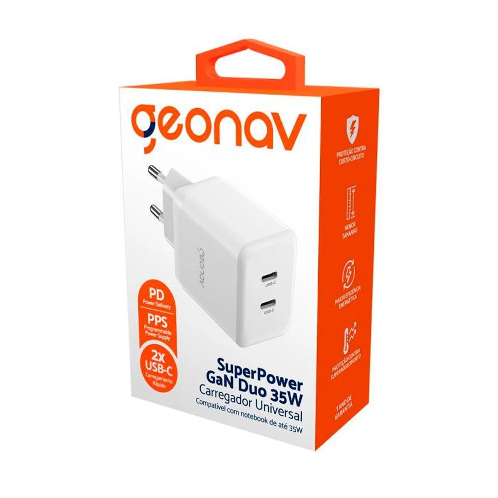 Carregador de Parede Universal Geonav com 2 Saidas USB C 35W - Branco