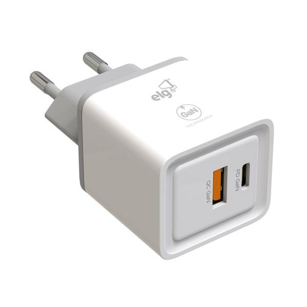 Carregador de Parede Universal 30W com 2 Saidas - 1x USB C PD + 1x USB Qc 3,0 Branco - ELG