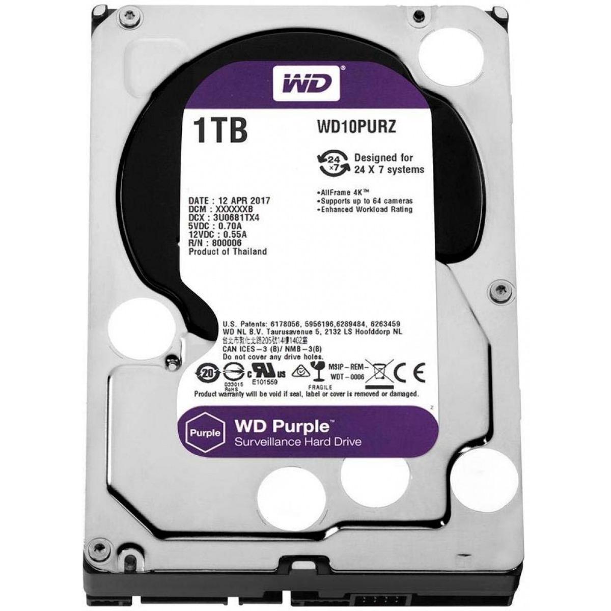 Hard Disk SATA III 1TB 5400RPM 64MB WD Purple para DVR