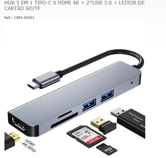 Hub 5 em 1 Tipo-C x RJ45 1000Mbps + HDMI 4K + 2x USB 3.0 + Tipo C - GV Cabos