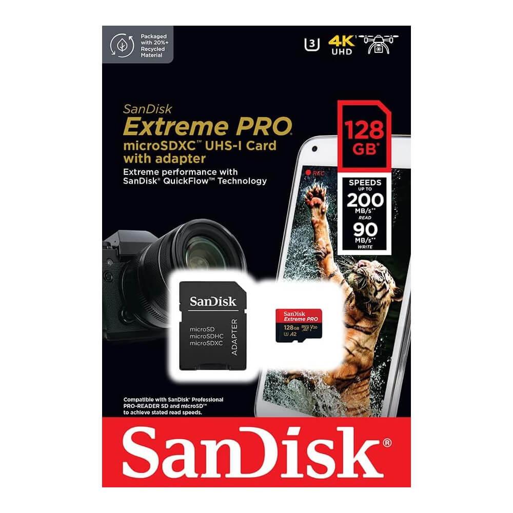 Cartão 128GB Micro SD Extreme Pro 200MB/s Leitura 90MB/s Gravação + Adaptador SD - Sandisk