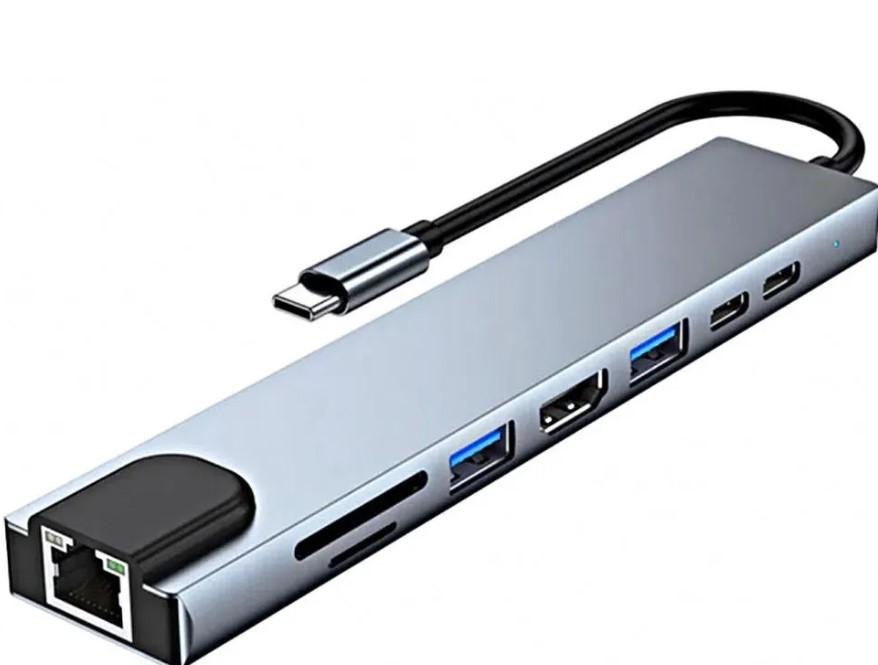 Hub 8 em 1 Tipo-C x HDMI 4K + RJ45 (Gigabit) + 2x USB 3.0 + Leitor de Cartão SD/TF + PD/USB C- GV Cab
