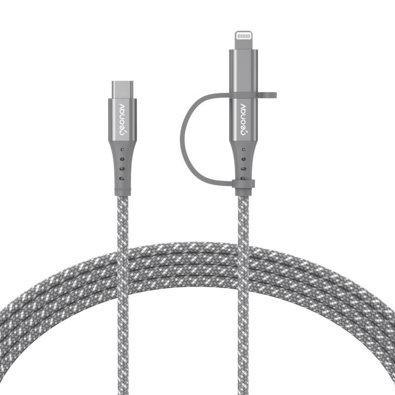 Cabo USB-C Modelo 2 em 1 com Encaixe para USB-C e para Lightning, 1.5 M, Nylon Trançad - Geon