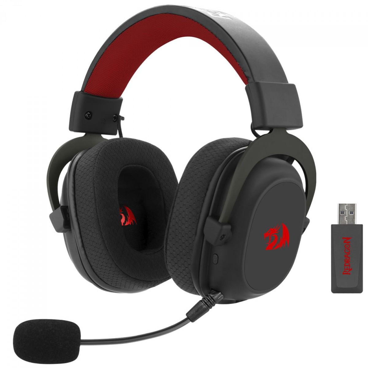 Headset Gamer sem Fio Redragon Zeus Pro 2.4GHZ/BLUETOOTH Surround 7.1 Mic Removivel Preto/Vermelho