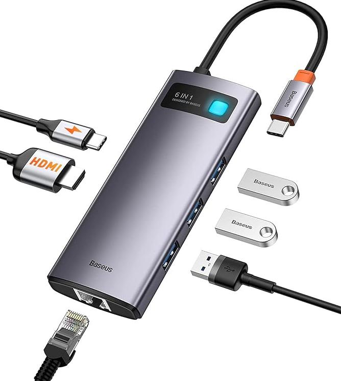 Hub Tipo C Baseus Metal Gleam 6 em 1, 3x USB 3.0, USB-C PD, HDMI, RJ45 - CAHUB-CW0G