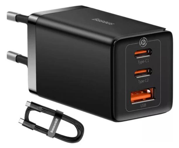 Kit Carregador de Parede Baseus 65W Triplo com Cabo Tipo C 1m - CCGP120201