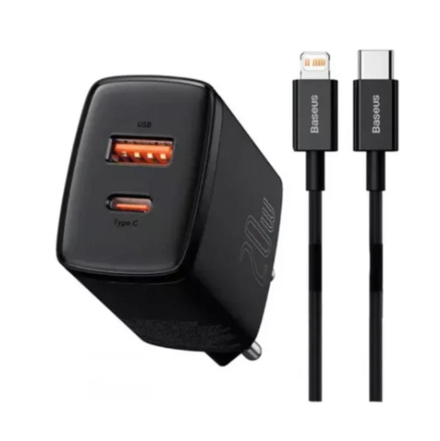 Kit Carregador de Parede Baseus Duplo Compact 20W com Cabo Lightning de 1m Preto - P10111517113-Z1