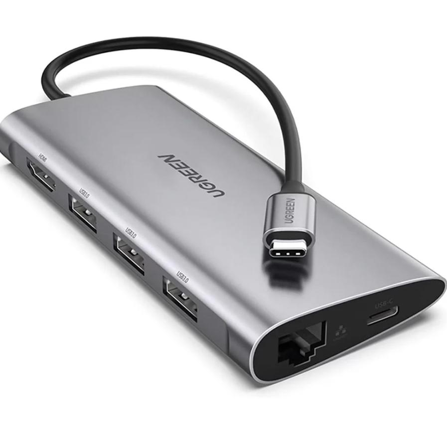 Hub Tipo C UGREEN 8 em 1, 3x USB 3.0, HDMI, SD, TF, RJ45, Tipo C PD – UG-50538