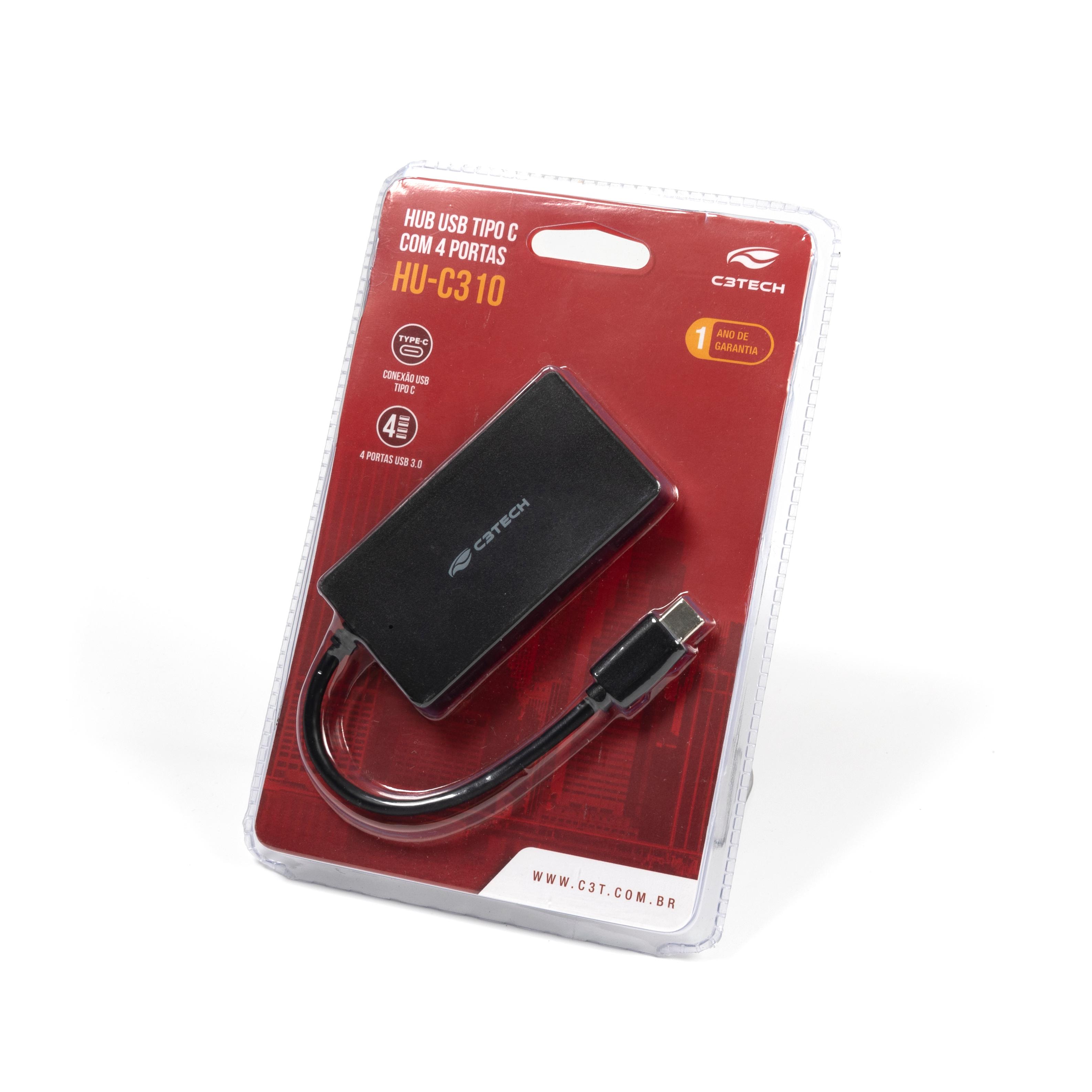 Hub USB Tipo-C C3 Tech 4 em 1, 4x USB 3.0 - HU-C310BK