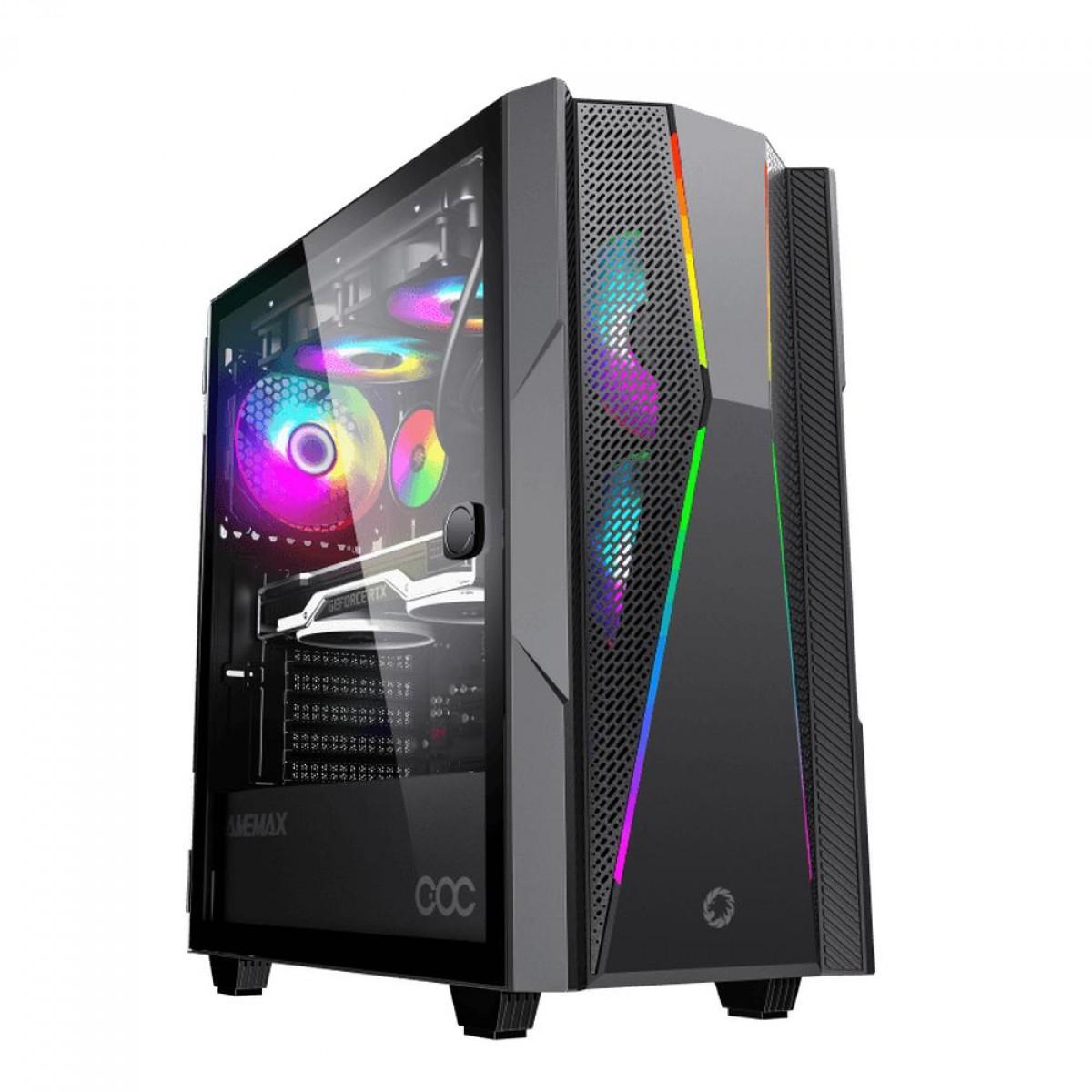 Gabinete ATX Gamemax Typhoon Gamer, Mid-Tower, Vidro Temperado, com 2 Fans sem Fonte - Preto