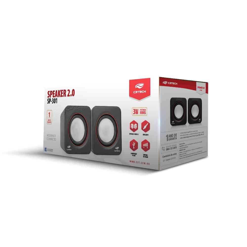 Caixa de Som USB 2.0 SP-301BK Preto e Vermelho - C3Tech