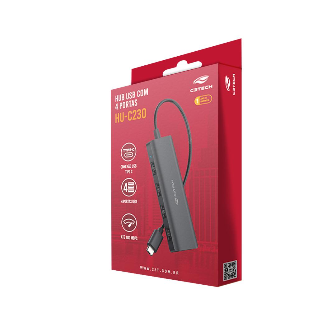 Hub USB Tipo-C C3 Tech 4 em 1, 4x USB 2.0 - HU-C230BK