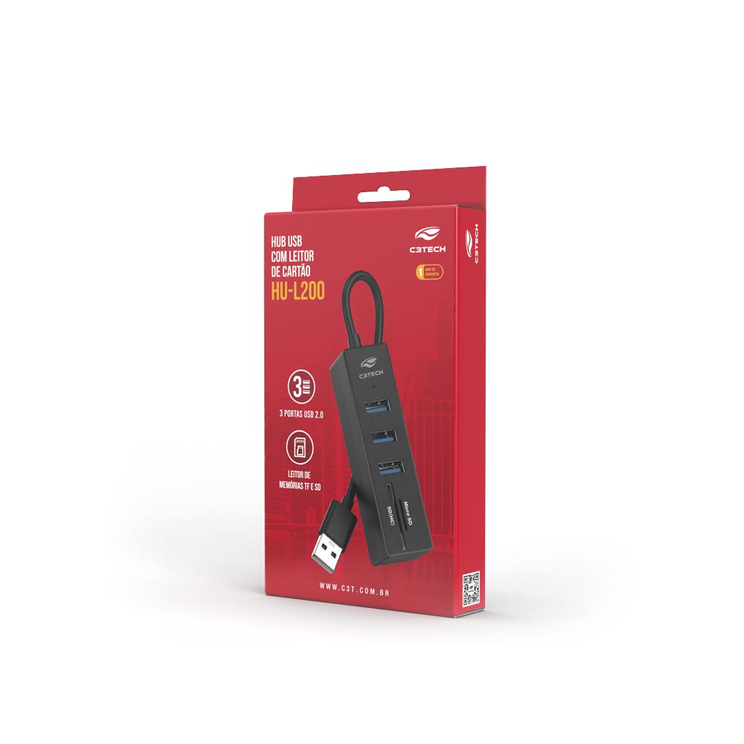 Hub USB 2.0 C3 Tech 5 em 1, 3x USB 2.0, 1 x Cartão de Memória SD, 1 x Cartão Micro SD/TF - HU-L200BK