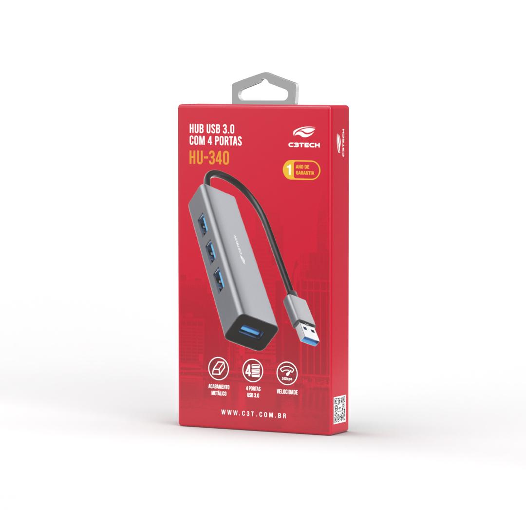 Hub USB 3.0 C3 Tech 4 em 1, 4x USB 3.0 - HU-340GY
