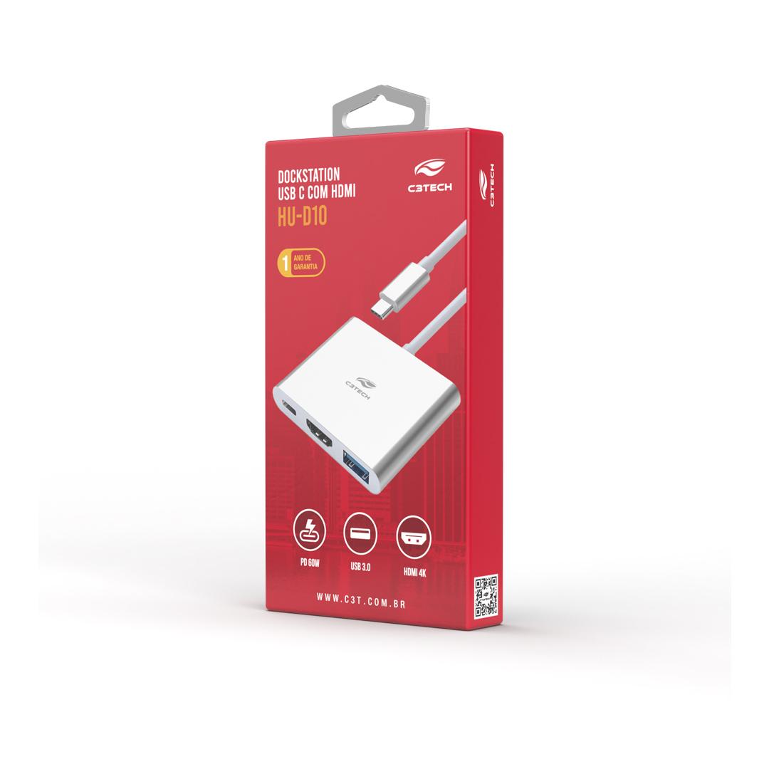 Hub USB Tipo-C C3 Tech 3 em 1, 1x USB 3.0, 1x USB Tipo C PD 65W, 1x HDMI 4K 30Hz - HU-D10SI