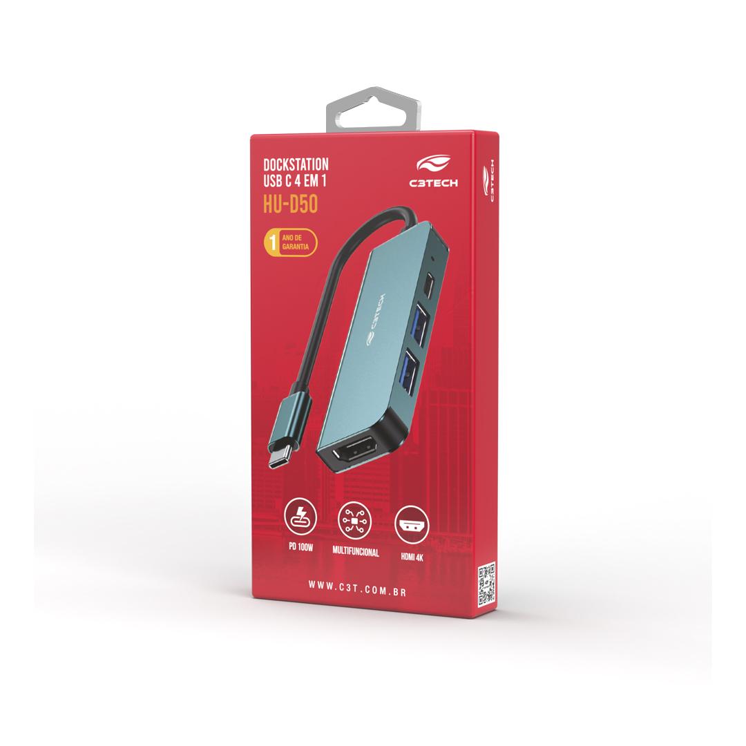 Hub USB Tipo-C C3 Tech 4 em 1, 1x USB 2.0, 1x USB 3.0,1X USB Tipo C PD 100W,1X HDMI 4K 30HZ-HU-D50GY