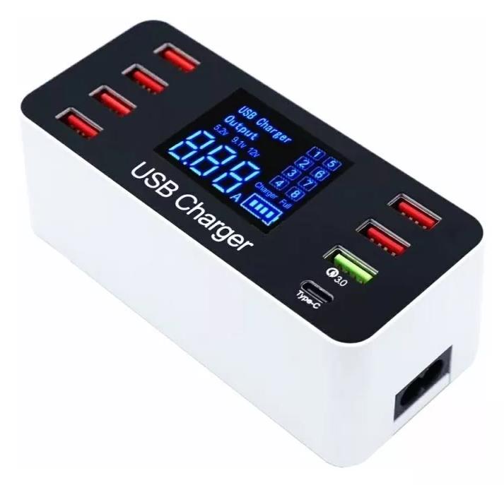 Carregador Mesa Inteligente com 8 Portas, 6x USB2.0, USB Qc 3.0, USB Tipo- C, com Display LED, GV Cabos