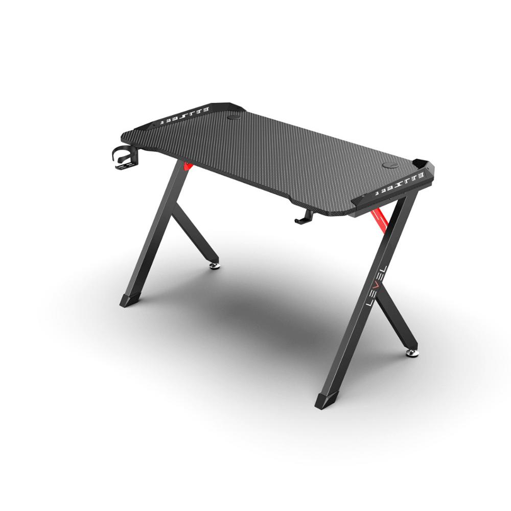Mesa Gamer Level Preta/Vermelha, Suporte para Copo e Headsets, até 120kg, RGB