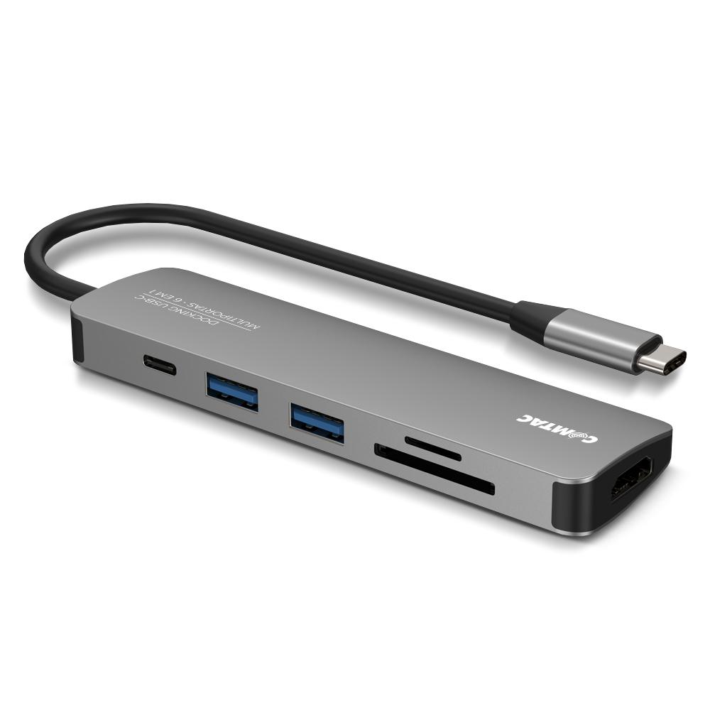 Hub USB-C 6 em 1 Comtac, USB-C PD, USB-a 3.2, USB-a, HDMI, Slot Micro SD, Slot SD, Linha Aluminium