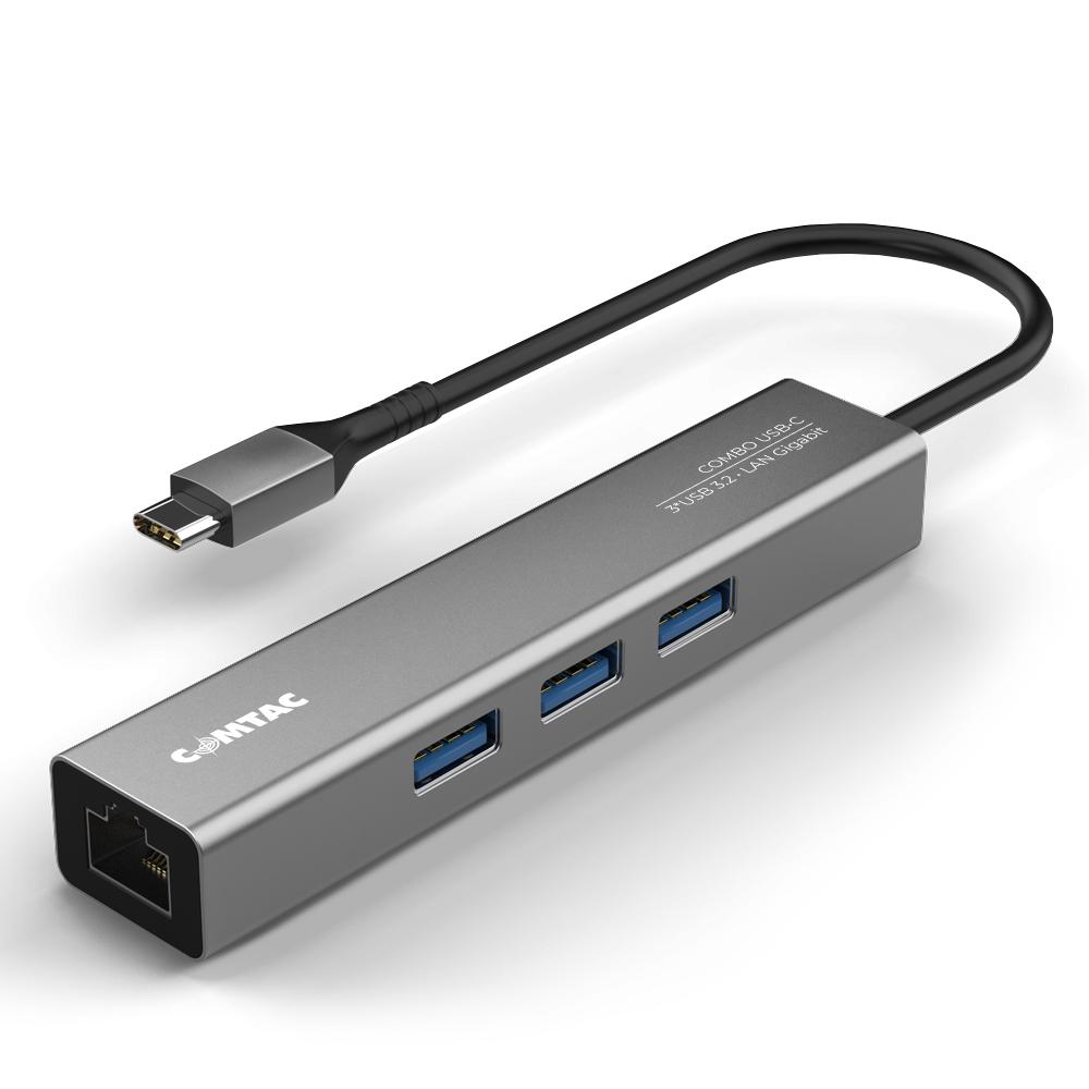 Hub USB-C 4 em 1 Comtac, 3x USB-a 3.2, RJ45 Gigabit, Linha Aluminium