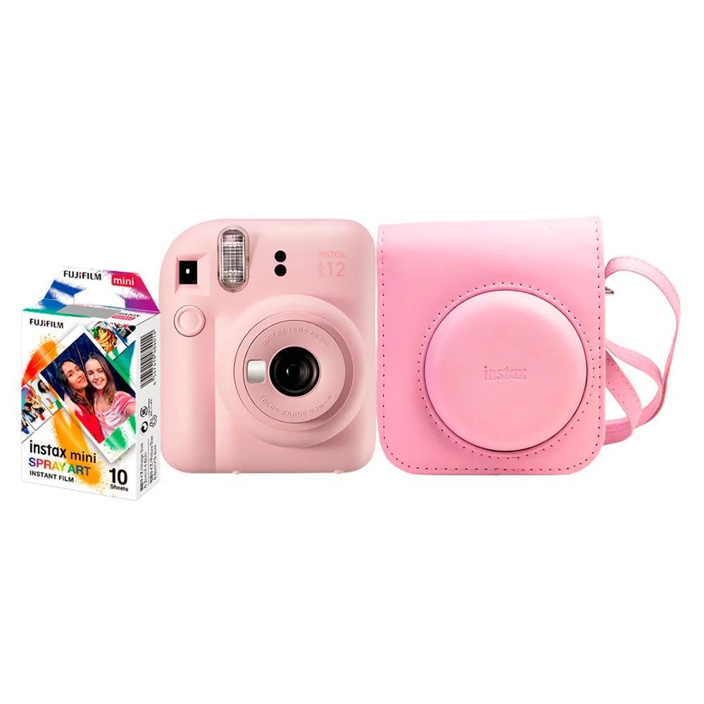 Kit Câmera Instax Mini 12 Rosa + Pack 10 Filmes Spray Art + Bolsa