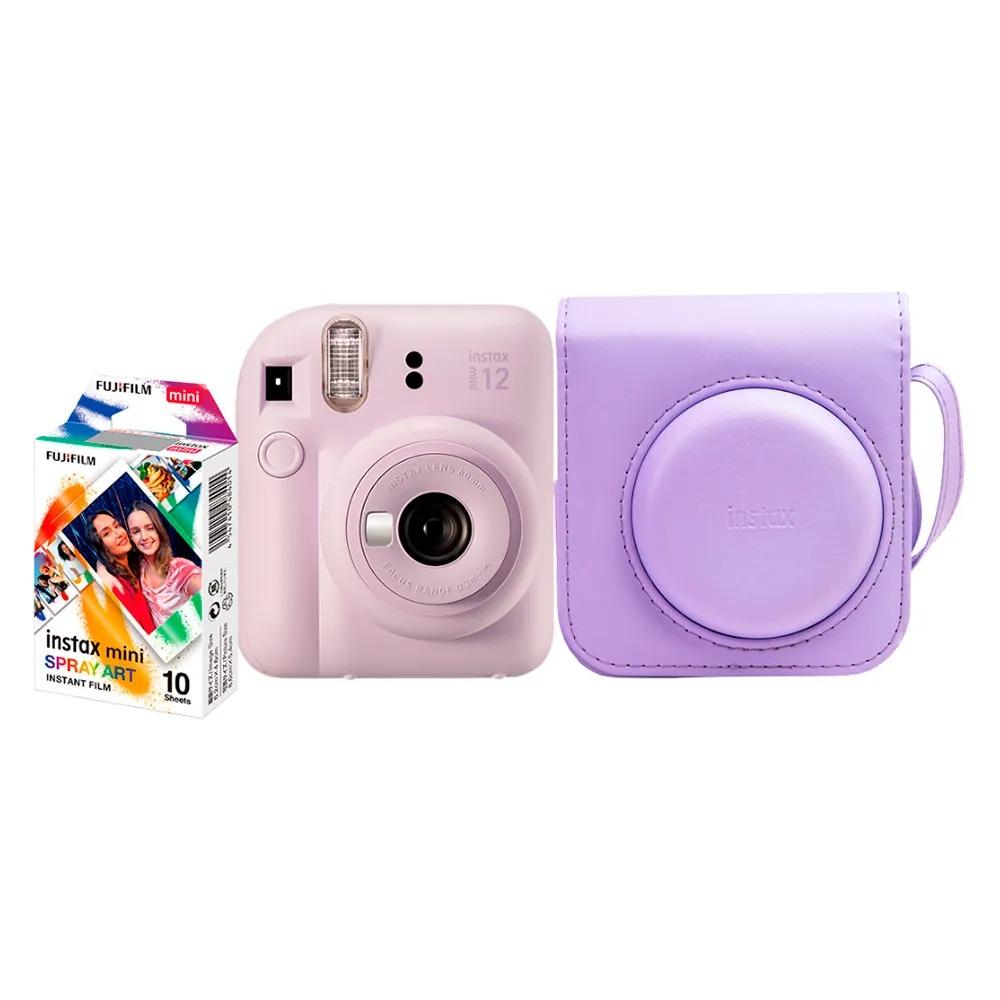 Kit Câmera Instax Mini 12 Lilas + Pack 10 Filmes Spray Art + Bolsa