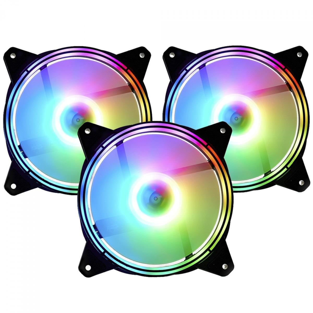 Kit 3x Cooler Fan Liketec Colorful RGB 120mm, Preto, com Controladora