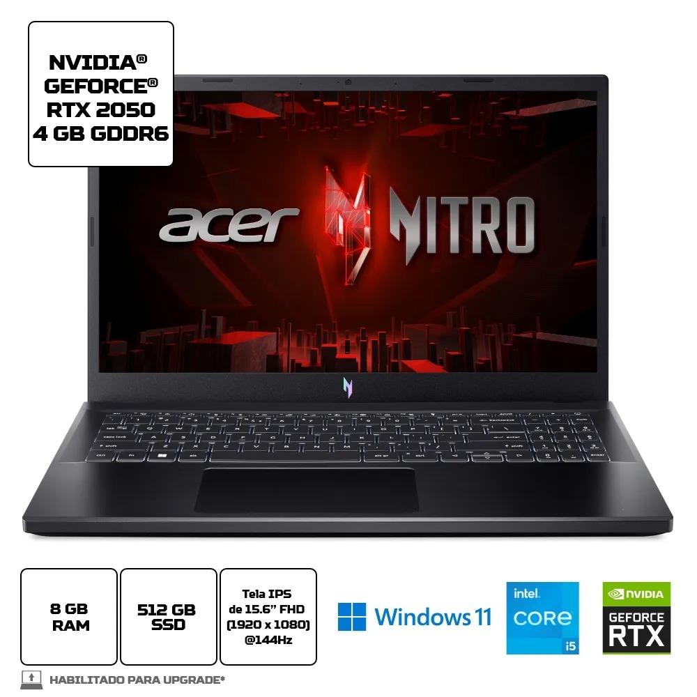 Notebook Gamer Acer Nitro V15 15,6" 144Hz 13ª Ger i5-13420H 8GB 512GB SSD RTX 2050 4GB Win 11 Home
