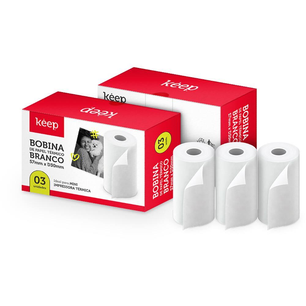 Bobina Térmica Branca, para Mini Impressora Keep, 57mm x 30mm, Caixa com 3 Unidades, KP002