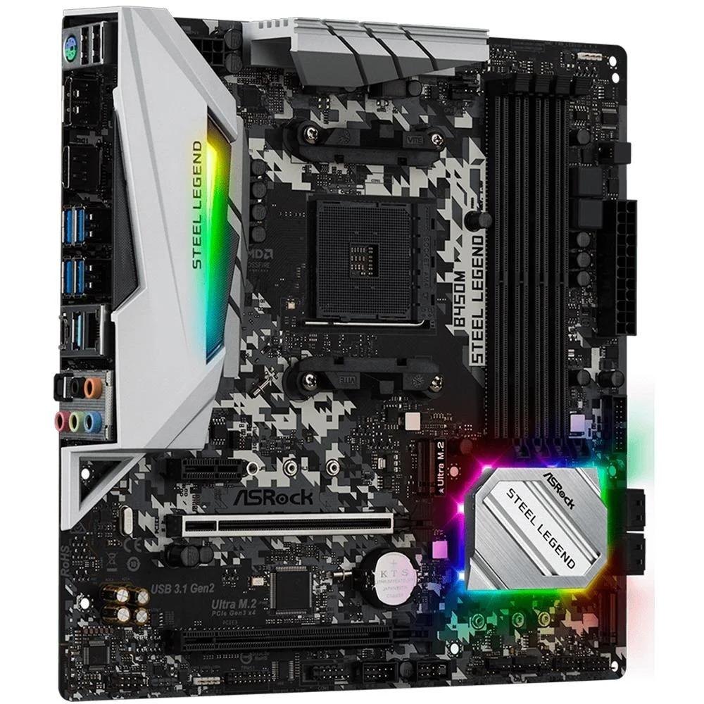 Placa Mãe Asrock AM4 B450M Steel Legend MATX, DDR4, M.2, USB-A/c 3.2, LAN Gigabit, HDMI/DP