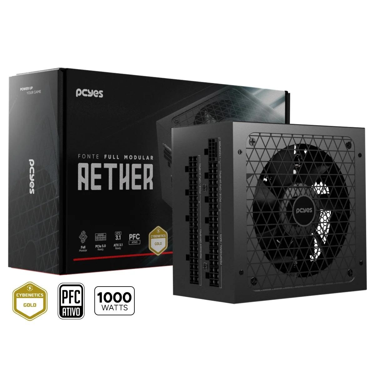 Fonte ATX 1000W Cybenetics Gold PCYes Aether Full Modular PCI-e 5.0 ATX 3.1 Garantia 5 Anos