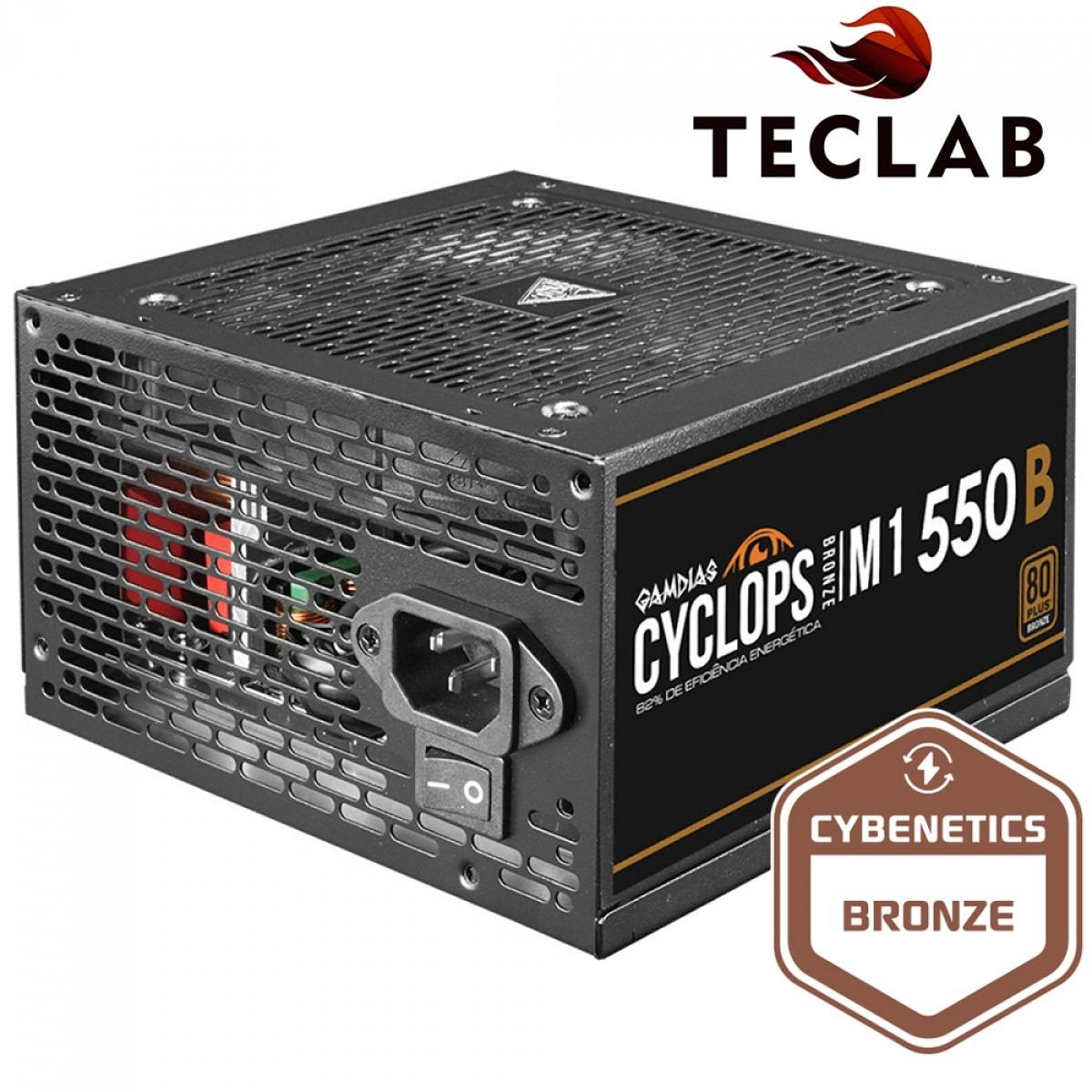 Fonte ATX 550W 80 Plus Bronze Gamdias Cyclops M1-550B, Cybenetics, Teclab. PFC Ativo