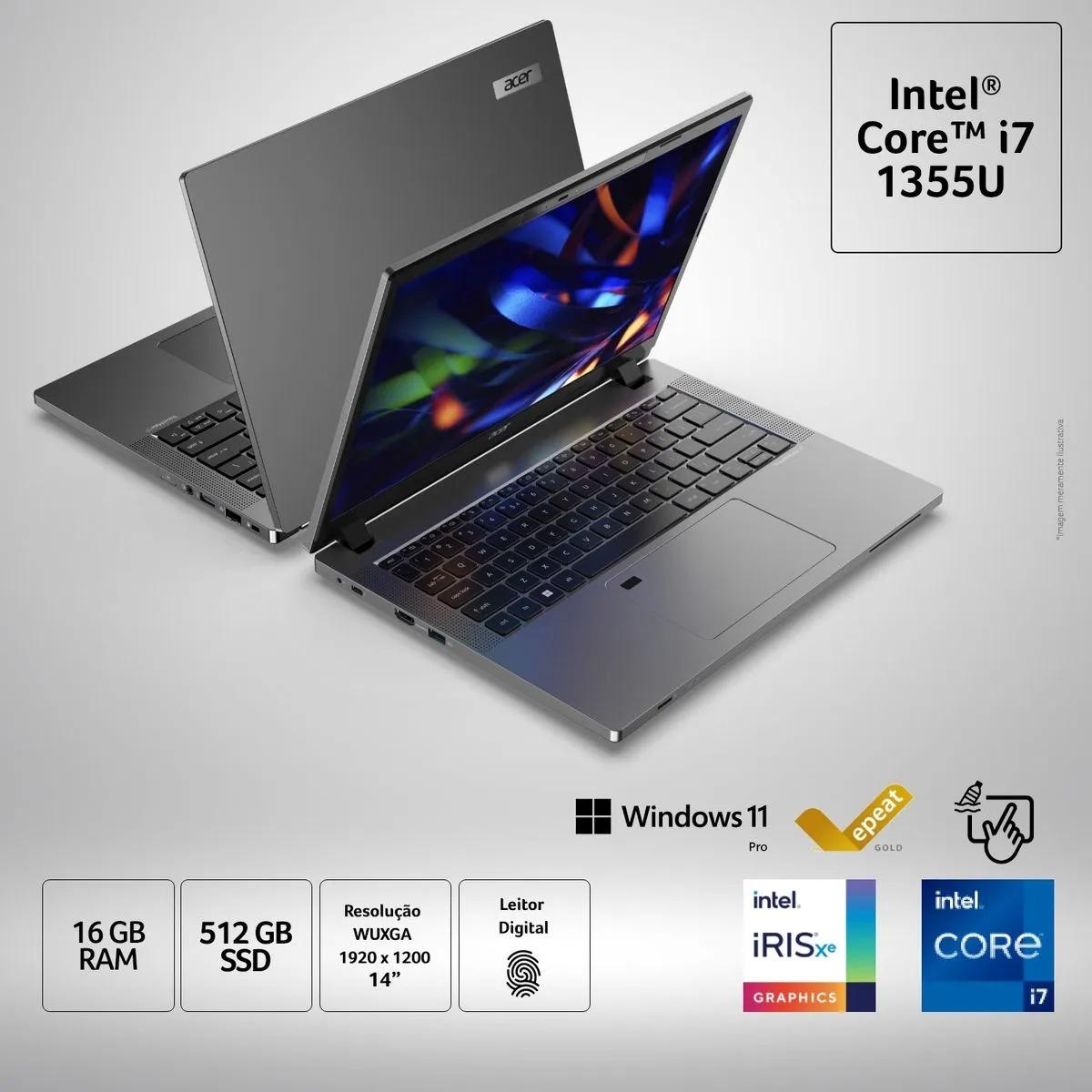 Notebook Acer Travelmate 14" Wuxga i7-1355U 16GB 512GB SSD Windows 11 Pro - 1 Ano Balção