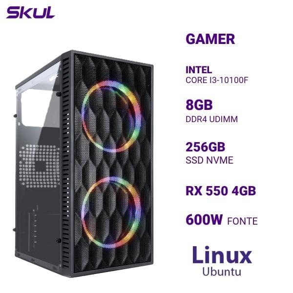 Desktop Gamer SKUL 3000 i3-10100F 8GB DDR4 256GB SSD Radeon RX 550 4GB Fonte 600W Linux Ubuntu