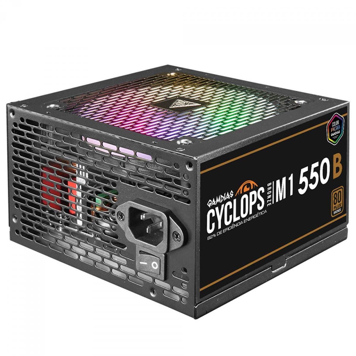 Fonte ATX 550W 80 Plus Bronze Gamdias Cyclops RGB M1-550B, Cybenetics, Teclab. PFC Ativo