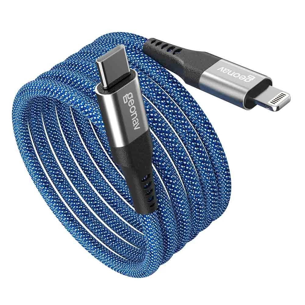 Cabo Geonav USB-C para Lightning, Nylon Trançado, Corpo Magnético, Azul com Branco, 1,2m, LIUC03MAG