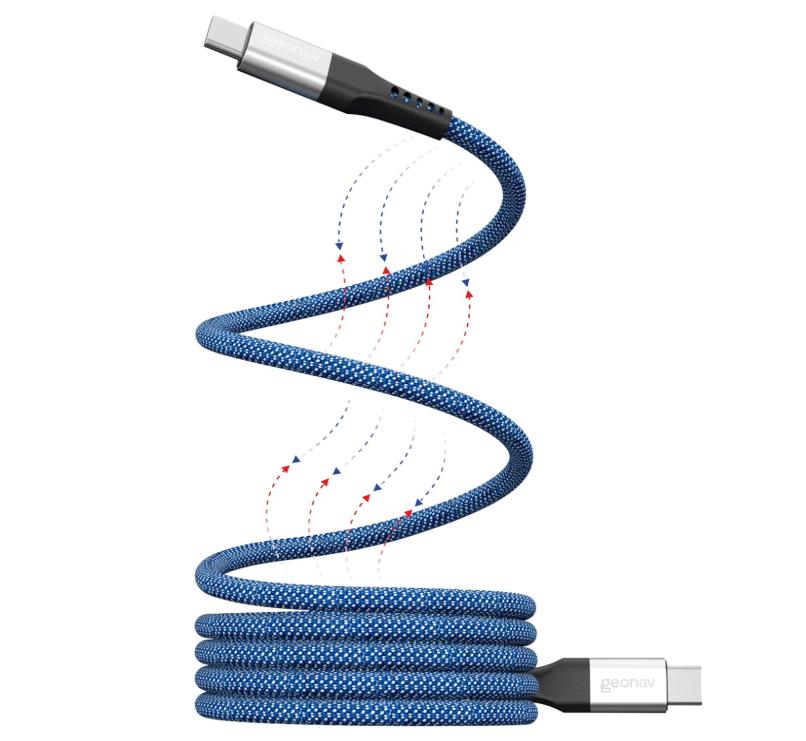 Cabo Geonav USB-C para USB-C, Nylon Trançado, Corpo Magnético, Azul com Branco, 1,2m, UCC09MAG