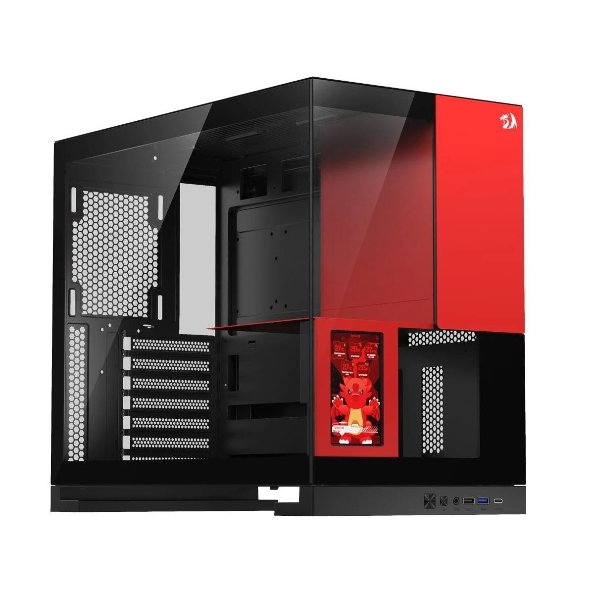 Gabinete Gamer Redragon Eternal Pro Preto e Vermelho sem Fan com Tela LCD CA-613BR