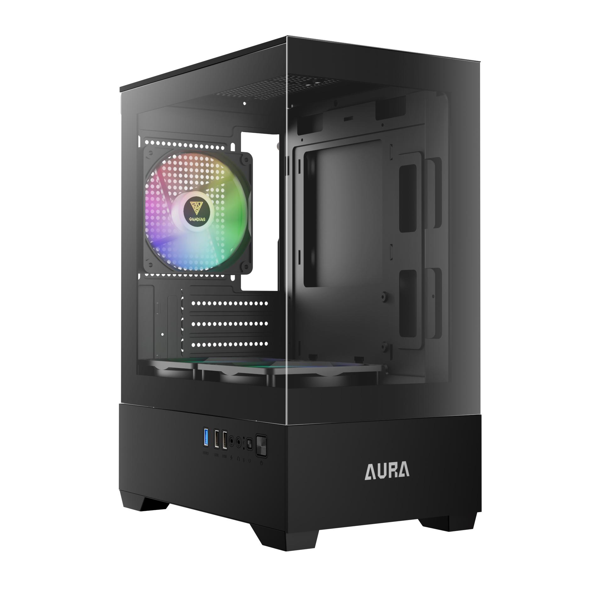 Gabinete Gamer Micro ATX Gandias Aura GC9M Elite Vidro Temperado sem Fonte com 3 Fans - Preto