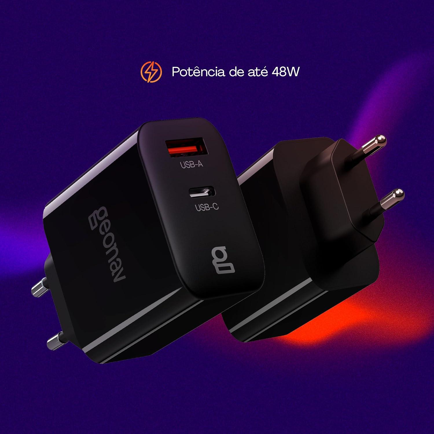 Carregador de Parede Universal Geonav com 2 Saidas - 1x USB C 30W + 1x USB Qc 3,0 18W - Preto