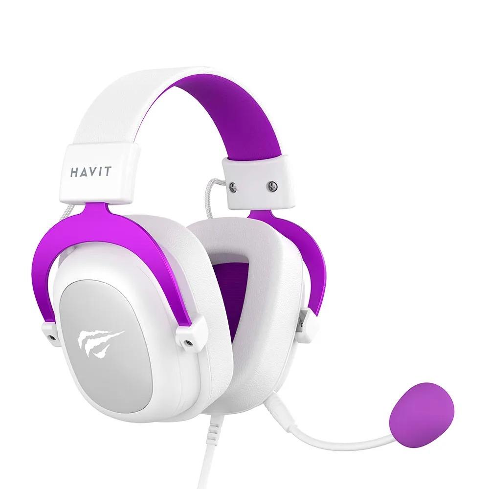 Headset Gamer Havit H2002D, Microfone Destacável, Cancelamento de Ruído Branco e Roxo