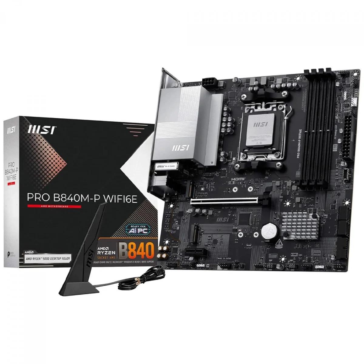 Placa Mãe MSI Pro B840M-P WIFI6E, Chipset B840, AMD AM5, MATX, DDR5