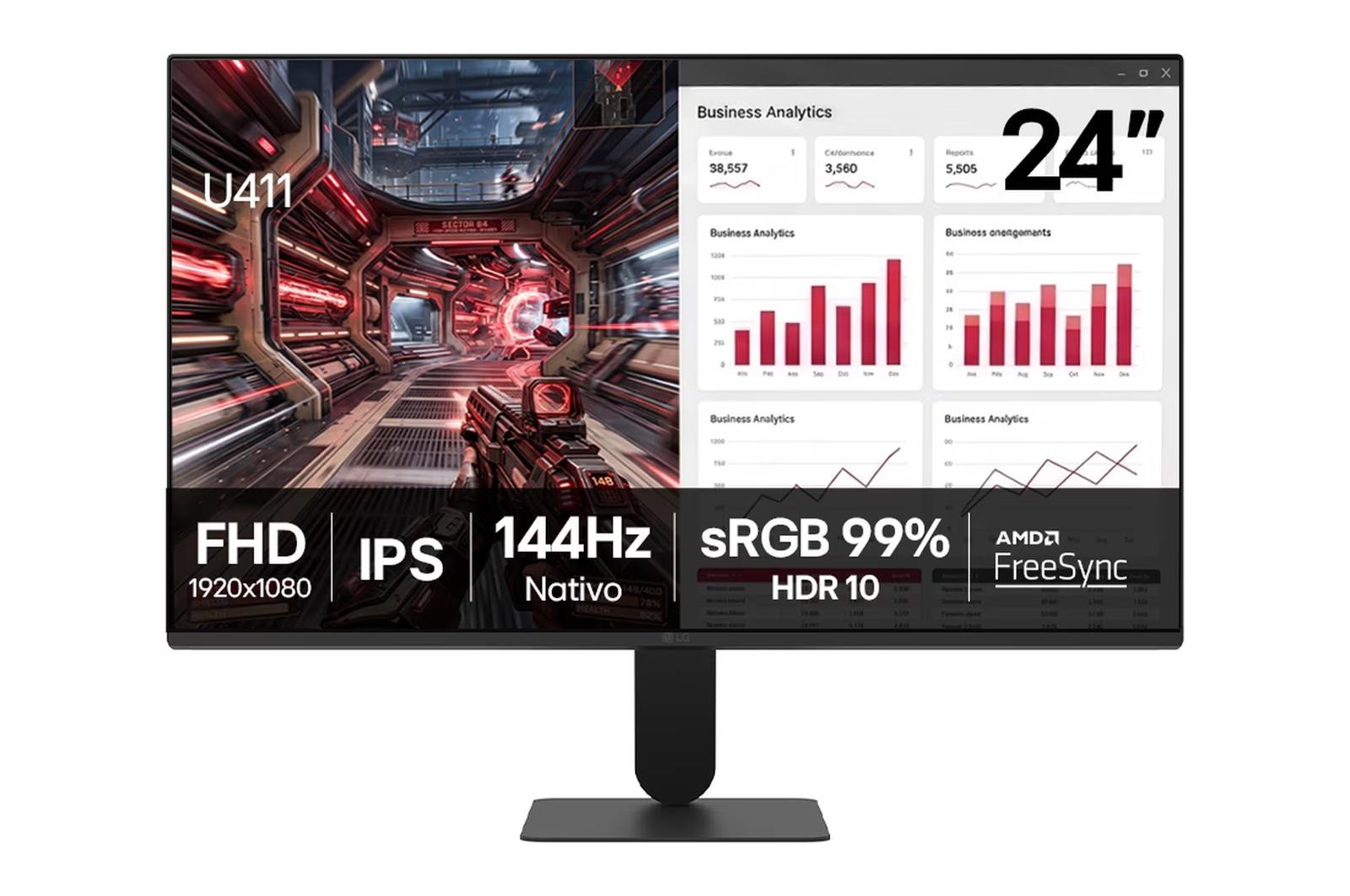 Monitor Gamer LG com Tela IPS 24”, 144Hz, 1ms (MBR), AMD FreeSync™, HDR 10, sRGB 99%, Reader Mode, Flicker Safe, HDMI, VGA, saída de fone de ouvido - 24U411B