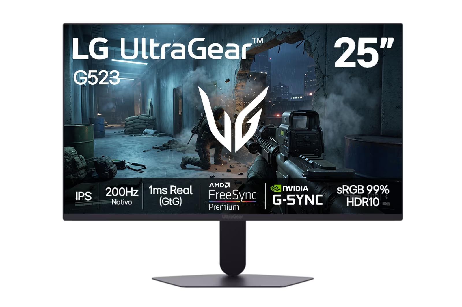 Monitor LG UltraGear™ 25G523B - 200Hz Nativo, Tela IPS 25”, 1ms real (GtG), NVIDIA G-SYNC, AMD FreeSync Premium™, HDR10, sRGB 99%, HDMI, DisplayPort, Saída para fone de ouvido