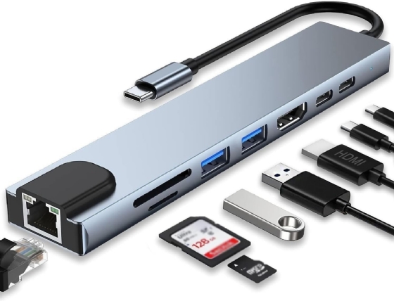 Hub 8 em 1 Tipo-C, HDMI 4K, RJ45 (Gigabit), 2x USB 3.0, Leitor de Cartão SD/TF, PD/USB C, GV Cabos